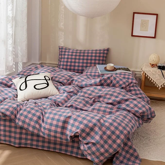 Next-Generation EAVD Modern Purple Pink Plaid Duvet Cover King Soft Cotton Reversible Grid Plaid Bedding Set with 2 Pillowcases Simple Checkered Geometric Duvet Cover with Zipper Closure Top-Quality