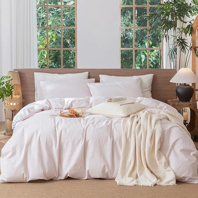 Excellent MooMee Striped Duvet Cover Set Washed Cotton Linen Like Textured Breathable Durable Soft Comfy Heathered Greyish Pink Pinstripes Cal King 104 quot x98 quot Healthy