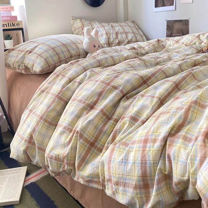 Enhanced EAVD Vintage Style Buffalo Plaid Duvet Cover Set Twin Soft Washed Cotton Chic Blue amp Yellow amp Brown Grid Plaid Bedding Set with 2 Pillowcases Farmhouse Gingham Duvet Cover with Zipper Advanced