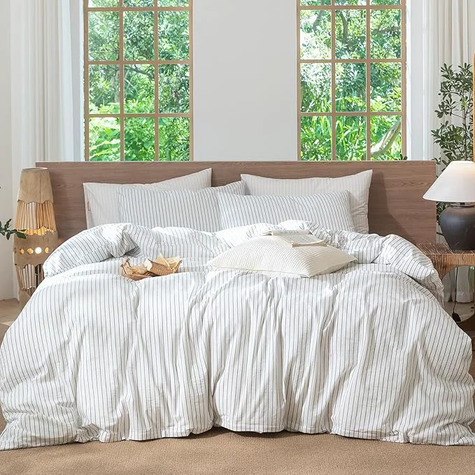 Pure MooMee Striped Duvet Cover Set Washed Cotton Linen Like Textured Breathable Durable Soft Comfy White Heathered Green Wide Stripes Oversized Queen 98 quot x98 quot Comfortable