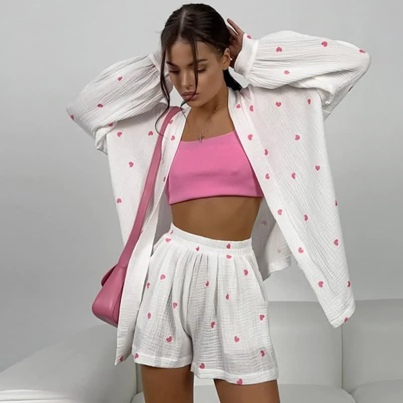 Reusable Ownkoti Cotton Heart Print Wrap Pajama Set Detailed