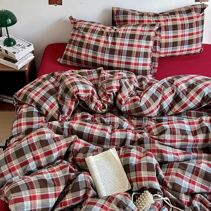 Easy-to-Use EAVD Vintage Red Brown Buffalo Plaid Duvet Cover Full Wasehd Cotton Plaid Bedding Set with Grid Checkered Pattern Farmhouse Gingham Duvet Cover with Zipper Closure 2 Pillowcases for All-Season Elite