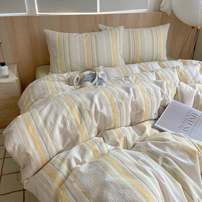 High-End EAVD Striped Duvet Cover Full Size Colorful Soft Washed Cotton Bedding Set 3 Pieces Pinstriped Bedding Set with 2 Pillowcases Modern Farmhouse Geometric Duvet Cover with Zipper Closure Clean