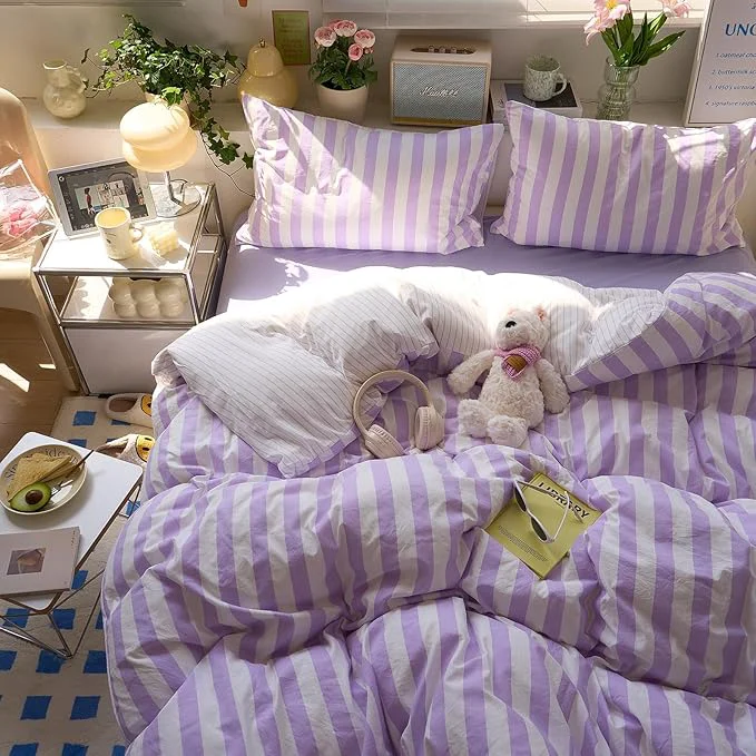 High-Performance EAVD Farmhouse Purple Striped Duvet Cover Twin XL Soft Washed Microfiber Pink White Vertical Striped Bedding Set with 2 Pillowcases Modern Geometric Pattern Duvet Cover with Zipper Closure Contemporary