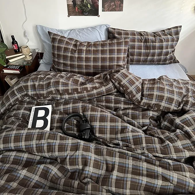 Enhanced mixinni Vintage Blue amp Brown Buffalo Plaid Comforter Set Queen Size – 3-Piece Washed Cotton Soft Geometric Checkered Pattern Bedding Set for All-Seasons Lightweight amp Breathable-Queen Size Practical