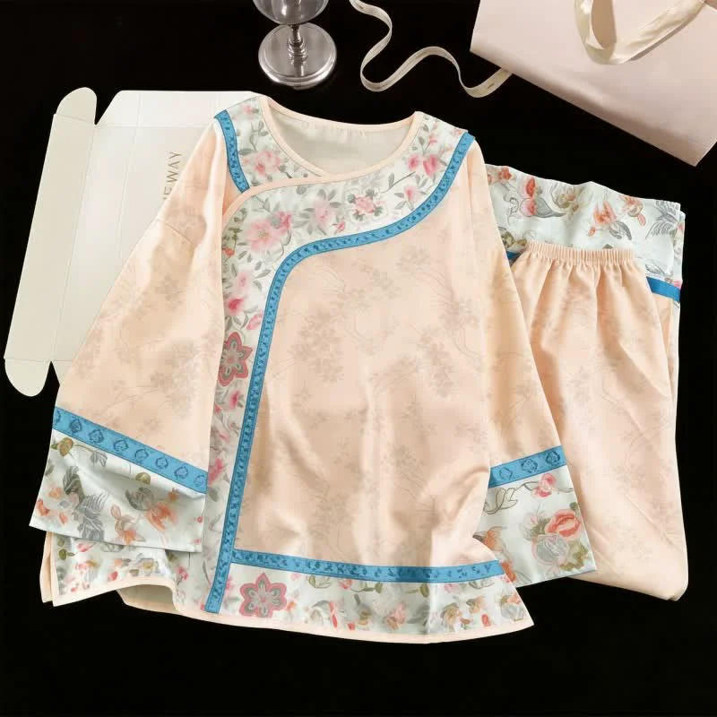 Green Ownkoti Retro Hanfu-Inspired Floral Pajama Set Versatile