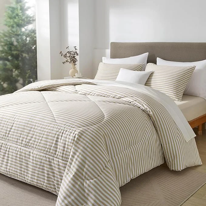 Green mixinni Tan Striped Comforter Set King Size – Beige Stripes Pattern Bed Set for All Season 3 Pieces Lightweight Bedding Comforter Sets for All Seasons 1 Soft Fluffy Comforter 2 Pillowcases Durable
