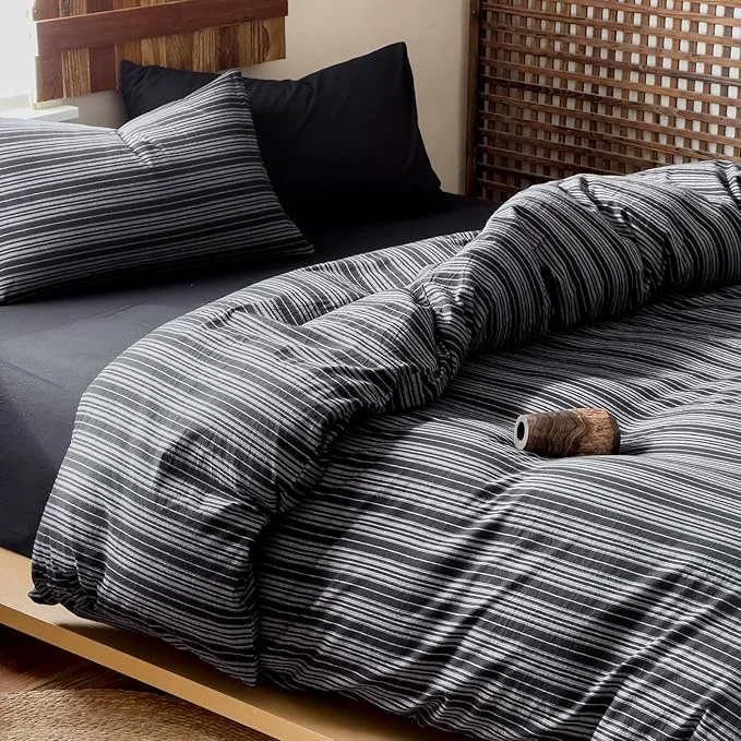 Smart EAVD Retro Black Striped Duvet Cover Twin Soft Washed Cotton Reversible Striped Pattern Bedding Set with 2 Pillowcases Farmhouse Geometric Duvet Cover with Zipper Closure Verified