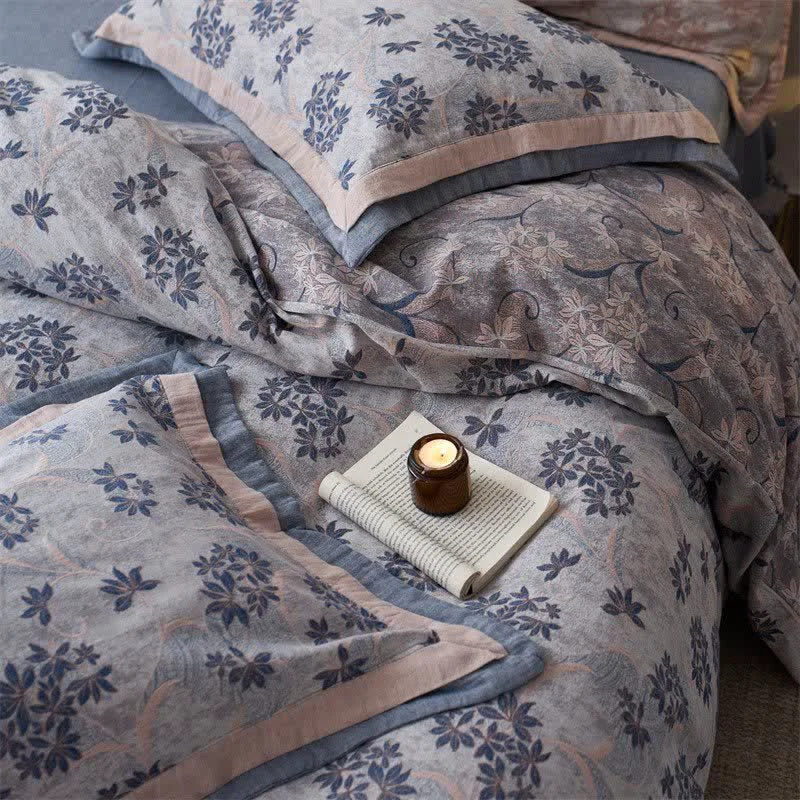 Natural Ownkoti Elegant Floral Cotton Double Gauze Bedding 4PCS High-End