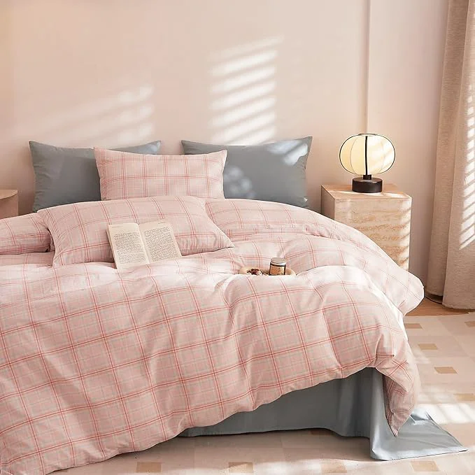 Elite EAVD Pink Grey Grid Plaid Duvet Cover Full Washed Cotton Bedding Set 3 Pieces Modern Farmhouse Gingham Duvet Cover with 2 Pillowcases Reversible Grid Checkered Bedding Set with Zipper Closure Convenient