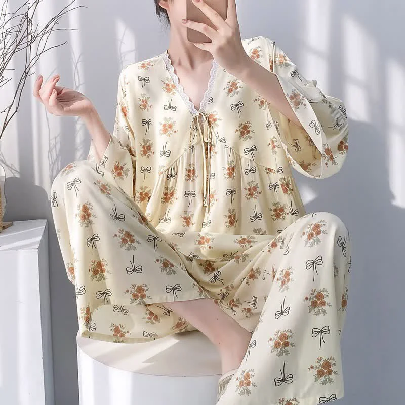 Enhanced Ownkoti Rustic Floral amp Bow Lace Trim Pajamas Certified
