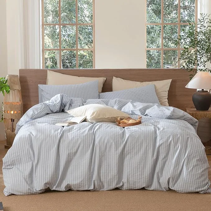 Crafted MooMee Striped Duvet Cover Set Washed Cotton Linen Like Textured Breathable Durable Soft Comfy Cornflower Blue White Wide Stripes Alaska King 132 quot x120 quot Expertly Made