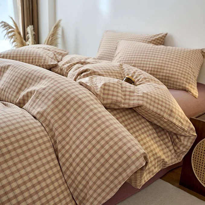 Secure EAVD Vintage Style Pink amp Tan Plaid Duvet Cover King Soft Washed Cotton Chic Checkered Gingham Bedding Set with 2 Pillowcases Farmhouse Gingham Duvet Cover with Zipper Closure Genuine