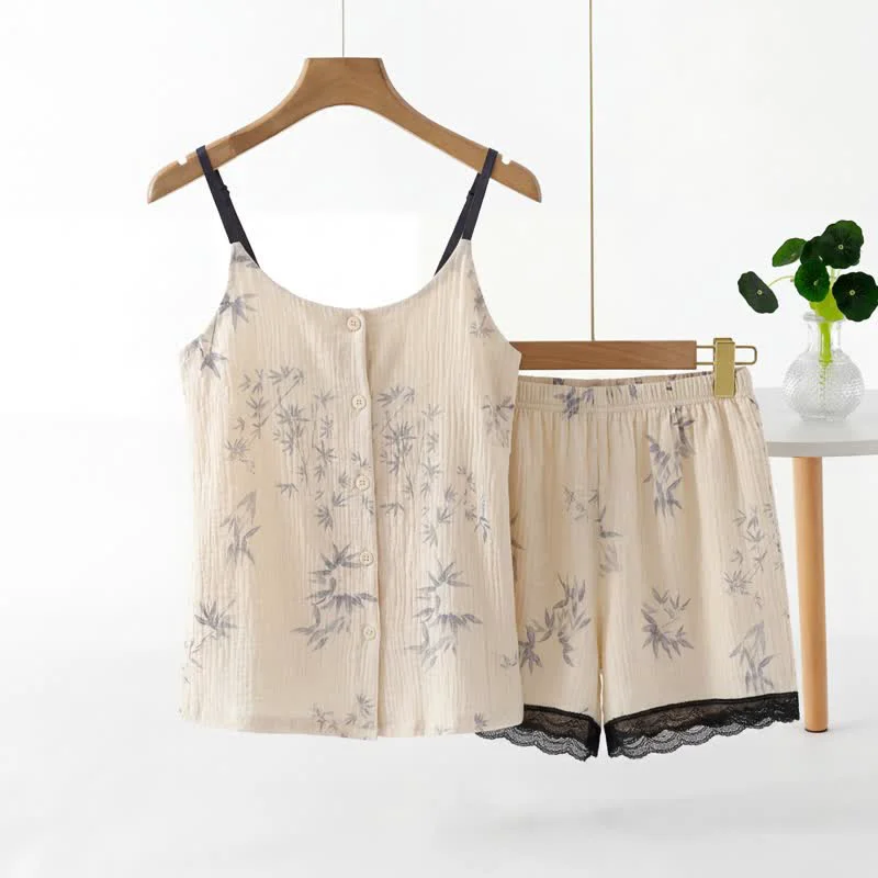 Solid Ownkoti Elegant Leaf Sleeveless Pajama Set Official