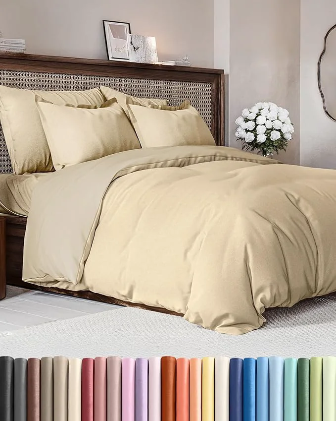 Professional Duvet Cover Queen Size Set – Extra Soft Queen Duvet Cover 90 quot x 90 quot with 2 Pillow Shams – Hotel Luxury Easy Care amp Fade with Zipper Closures and Ties – Comfy Cozy amp Breathable Heathered Tan First-Class