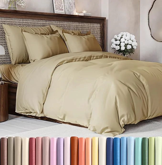 Comfortable Duvet Cover Queen Size Set – Extra Soft Queen Duvet Cover 90 quot x 90 quot with 2 Pillow Shams – Hotel Luxury Easy Care and Fade w Zipper Closures amp Ties – All Season Comfy Cozy amp Breathable Beige Pure