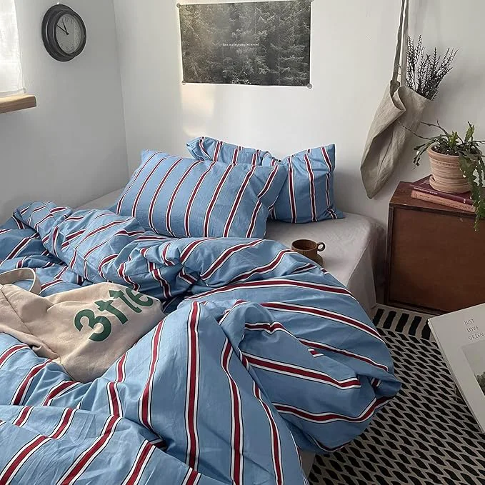 Environmentally Friendly mixinni Vintage Blue amp Red Striped Comforter Set Twin XL Size – Soft Cotton 3-Piece Bedding Set 1 Comforter 2 Pillowcases Retro Geometric Stripes Pattern All-Season Lightweight amp Breathable Expertly Made