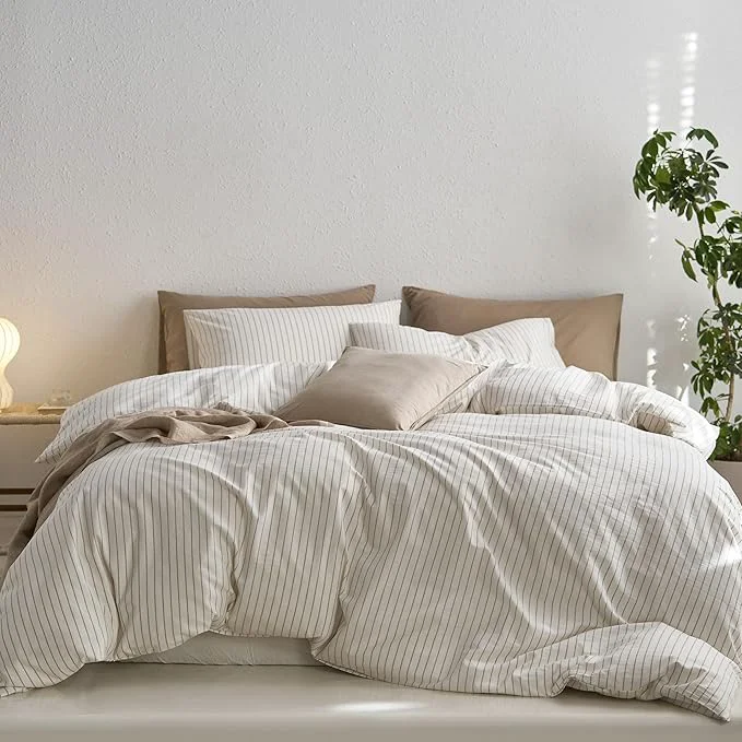 Environmentally Friendly MooMee Striped Duvet Cover Set Washed Cotton Linen Like Textured Breathable Durable Soft Comfy White Tannish Linen Grey Wide Stripes Twin 68 quot x90 quot Sophisticated