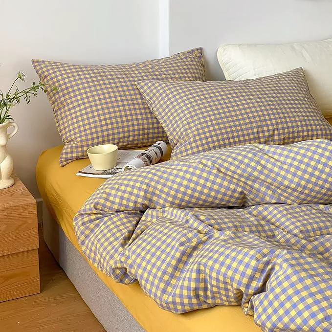 High-Quality mixinni Yellow Purple Gingham Comforter Set Full Plaid Comforter Set 3 Pieces 1 Vintage Grid Comfoter with 2 Pillow Cases for All Seasons Soft Fluffy Modern Grid Pattern Printed Bedding-Full Size Durable