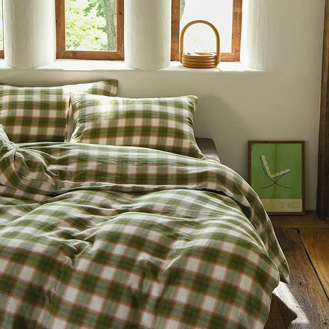 Contemporary EAVD Vintage Style Gingham Duvet Cover Twin Soft Muslin Cotton Yarn-Dyed Textured Chic Pink amp Green Grid Plaid Bedding Set with 2 Pillowcases British-Style Plaid Duvet Cover with Zipper Solid