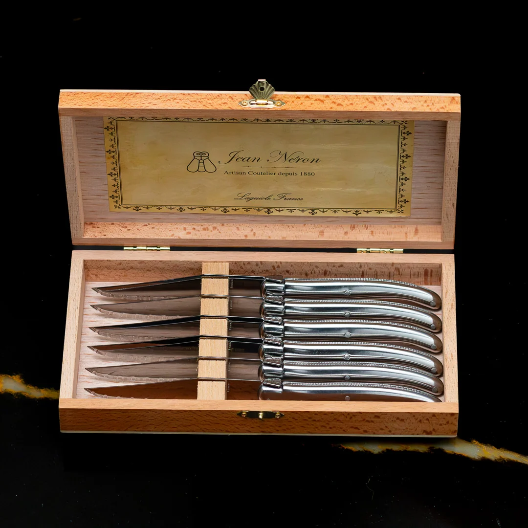 Healthy Laguiole 6 Piece Steak Knife Set Platine Stainless Steel in Wood Presentation Box Stylish