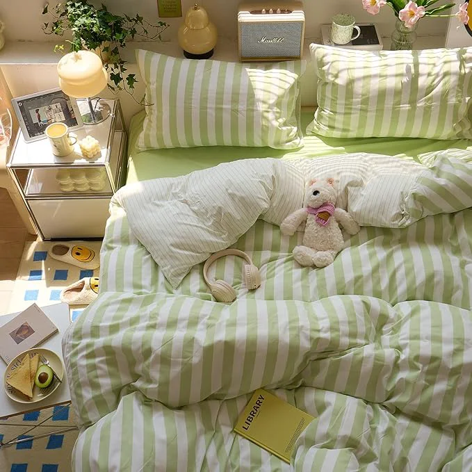 Verified EAVD Green Striped Duvet Cover Queen Soft Washed Microfiber Chic Vertical Striped Bedding Set with 2 Pillowcases Reversible Farmhouse Geometric Duvet Cover with Zipper Closure Practical