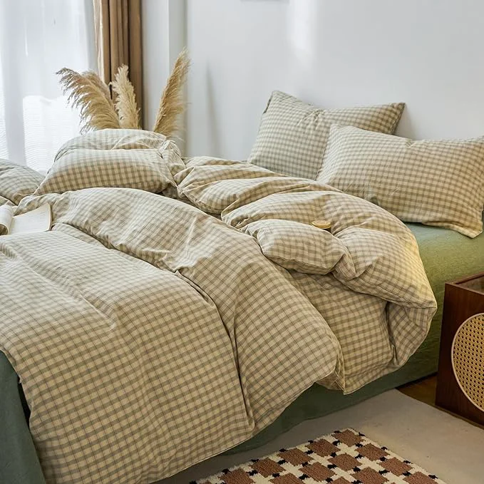 Efficient EAVD Vintage Style Green Plaid Duvet Cover Twin Soft Washed Cotton Chic Checkered Gingham Bedding Set with 2 Pillowcases Farmhouse Green Gingham Duvet Cover with Zipper Closure Quality