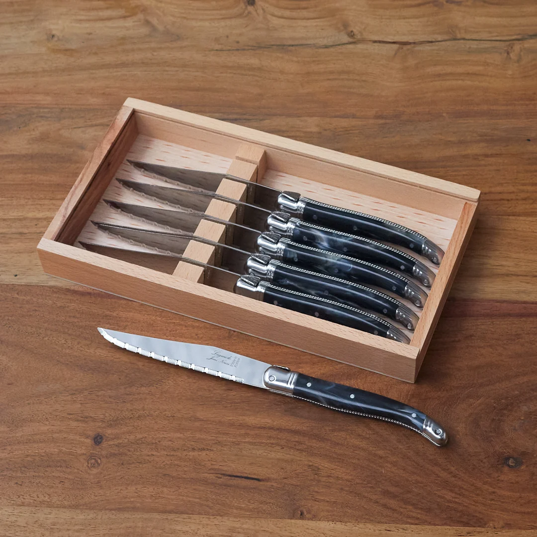 Prestigious Laguiole 6 Piece Steak Knife Set Platine Black Marble in Wood Box with Acrylic Lid High-Performance