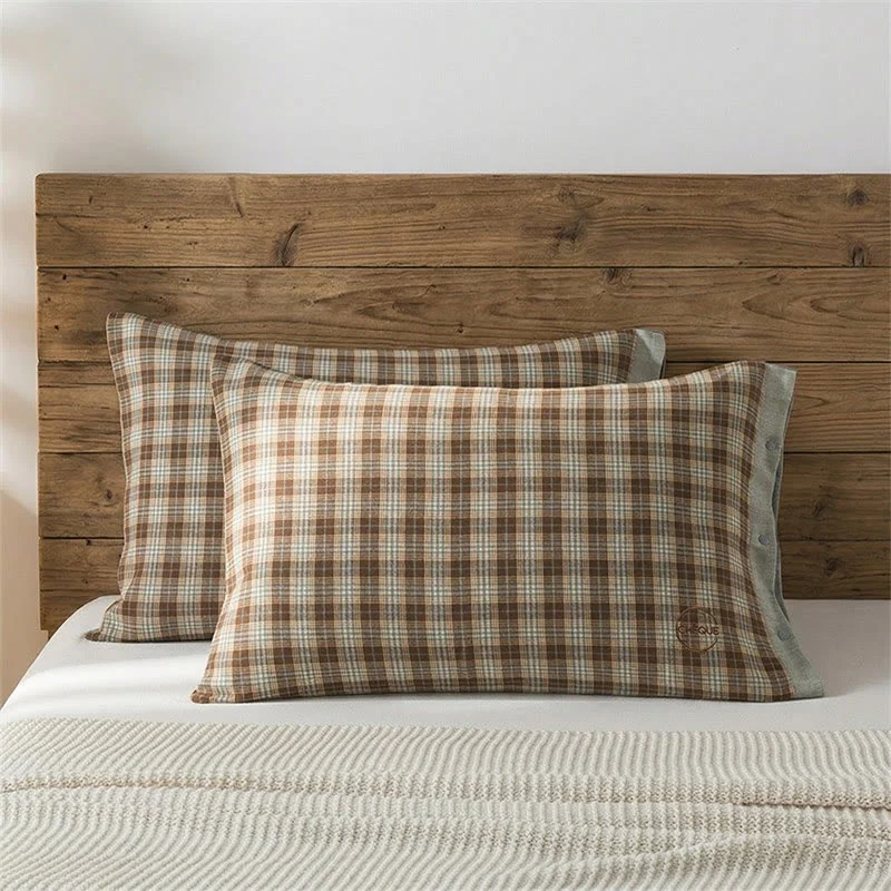 Trendy Ownkoti Vintage Plaid Button Cotton Pillowcases 2PCS Fine