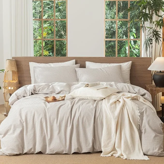 MooMee Gingham Duvet Cover Set Washed Cotton Linen Like Textured Breathable Durable Soft Comfy Modern Checkered Design Mini Gingham Tannish Linen Grey Cal King 104 quot x98 quot Smooth