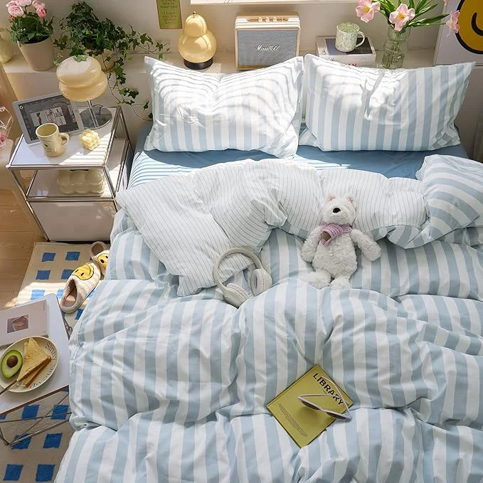 Durable EAVD Retro Blue and White Striped Duvet Cover Set Queen Soft Washed Microfiber Reversible Vertical Striped Percale Bedding Set with 2 Pillowcases Farmhouse Geometric Duvet Cover with Zipper Closure Reusable