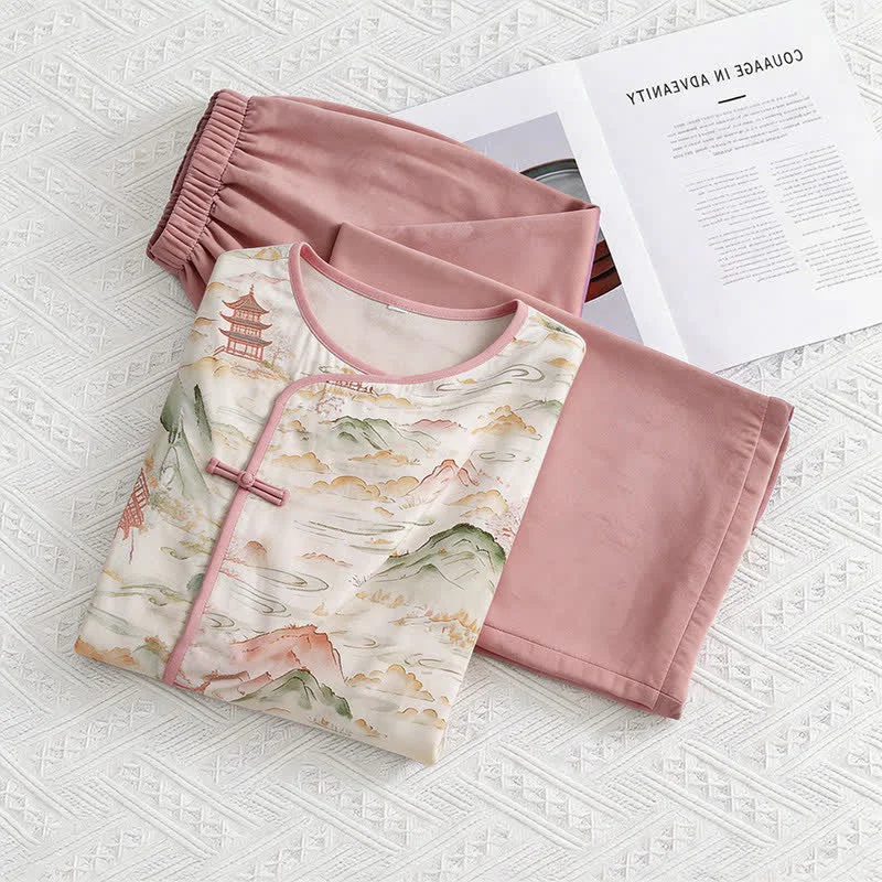 Natural Ownkoti Oriental Landscape Eastern-Inspired Loungewear Set Classic