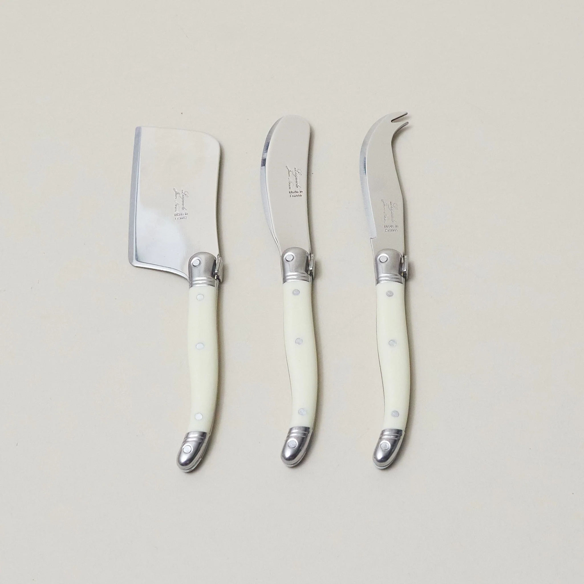 High-End Laguiole 3 Piece Mini Cheese Utensil Set Ivory in Kraft Paper Box Verified