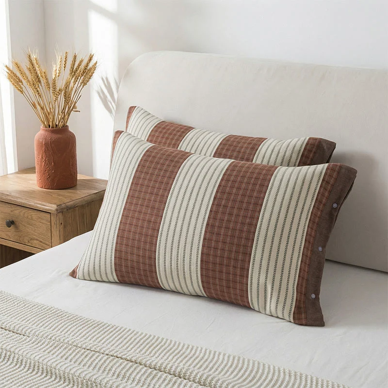 Responsible Ownkoti Plaid Stripe Cotton Button Pillowcases 2PCS Efficient