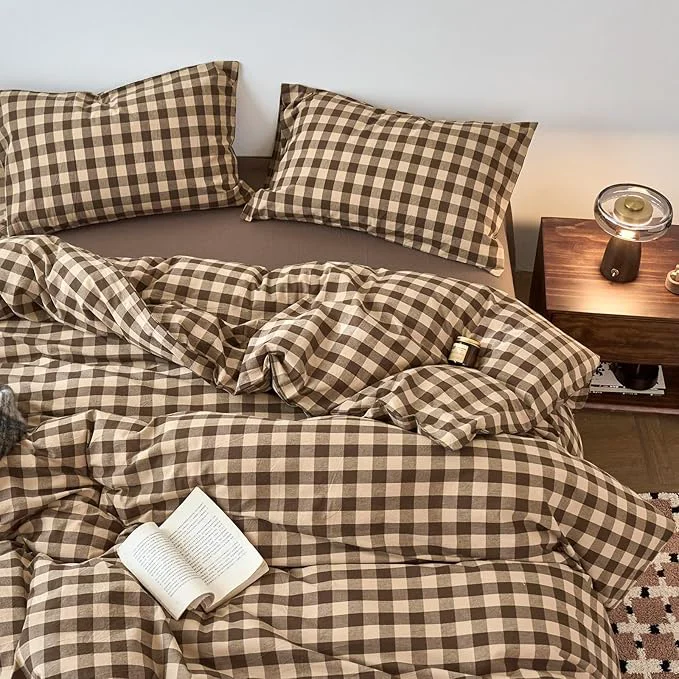 Smart EAVD Vintage Style Brown amp Beige Plaid Duvet Cover Set King Soft Washed Cotton Like Linen Feel 3-Piece Checkered Gingham Duvet Cover with 2 Pillowcases Retro Buffalo Plaid Bedding Set with Zipper Versatile