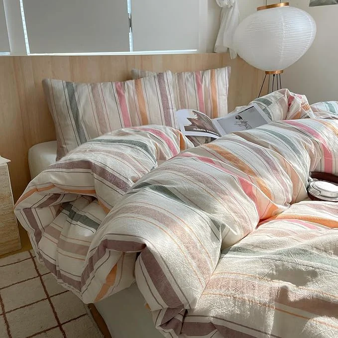 Prestigious EAVD Retro Striped Duvet Cover Twin Size Soft Washed Cotton 3-Piece Vintage Multicolor Striped Pattern Bedding Set with 2 Pillowcases Reversible Geometric Print Duvet Cover with Zipper Closure Smooth