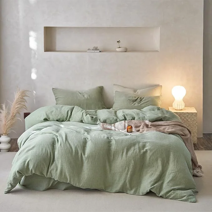 Clean EAVD Solid Color Mint Green Duvet Cover King Soft Breathable Cotton Muslin Linen Like Gauze Bedding Comforter Cover with 2 Pillowcases Modern Simple Mint Green Comforter Cover with Zipper Closure Casual