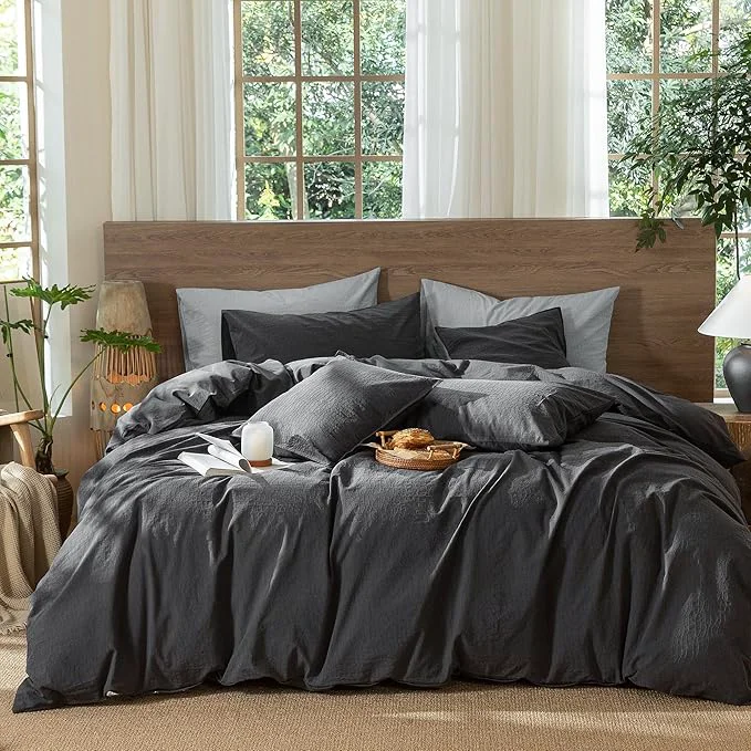 Innovative MooMee Wavy Striped Duvet Cover Set Washed Cotton Linen Like Textured Breathable Durable Soft Comfy Charocal Grey Palatial King Oversized King 120 quot x98 quot Proven