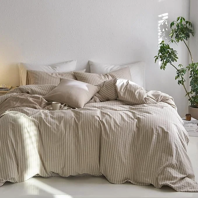 Prestigious MooMee Striped Duvet Cover Set Washed Cotton Linen Like Textured Breathable Durable Soft Comfy Tannish Linen Grey White Wide Stripes Alaska King 132 quot x120 quot Contemporary