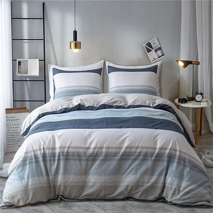 Top-Quality EAVD Cotton Duvet Cover Full Size White Grey Blue Striped Bedding Set with 2 Pillowcases Modern Geometric Striped Duvet Cover with Zipper Closure Pure