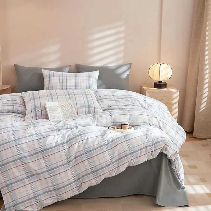 Innovative EAVD Colorful Gingham Duvet Cover King Soft Washed Cotton Chic Grid Plaid Duvet Cover with 2 Pillowcases Modern Grid Checkered Bedding Set for Boys Girls Women Men Farmhouse Gingham Bedding Set Elegant