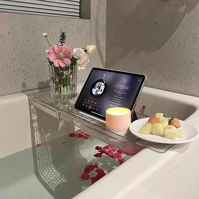 Enhanced IEEK Expandable Bath Tray with Wine and Book Holder Soft