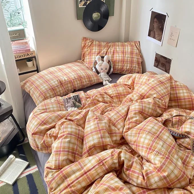 Fashionable EAVD Vintage Style Gingham Duvet Cover Twin Soft Washed Cotton Bedding Set with Colorful Grid Checkered Reversible Plaid Bedding Set for Boy Girl Modern Grid Plaid Duvet Cover with Zipper Safe