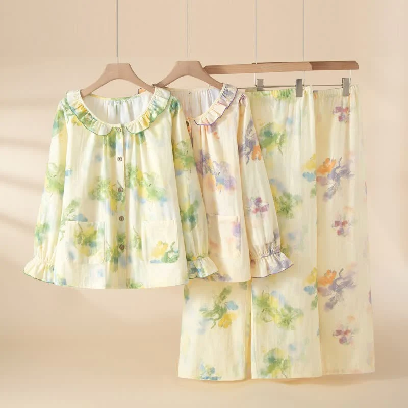 Genuine Ownkoti Floral Ruffled Cotton Gauze Pajama Set Fine