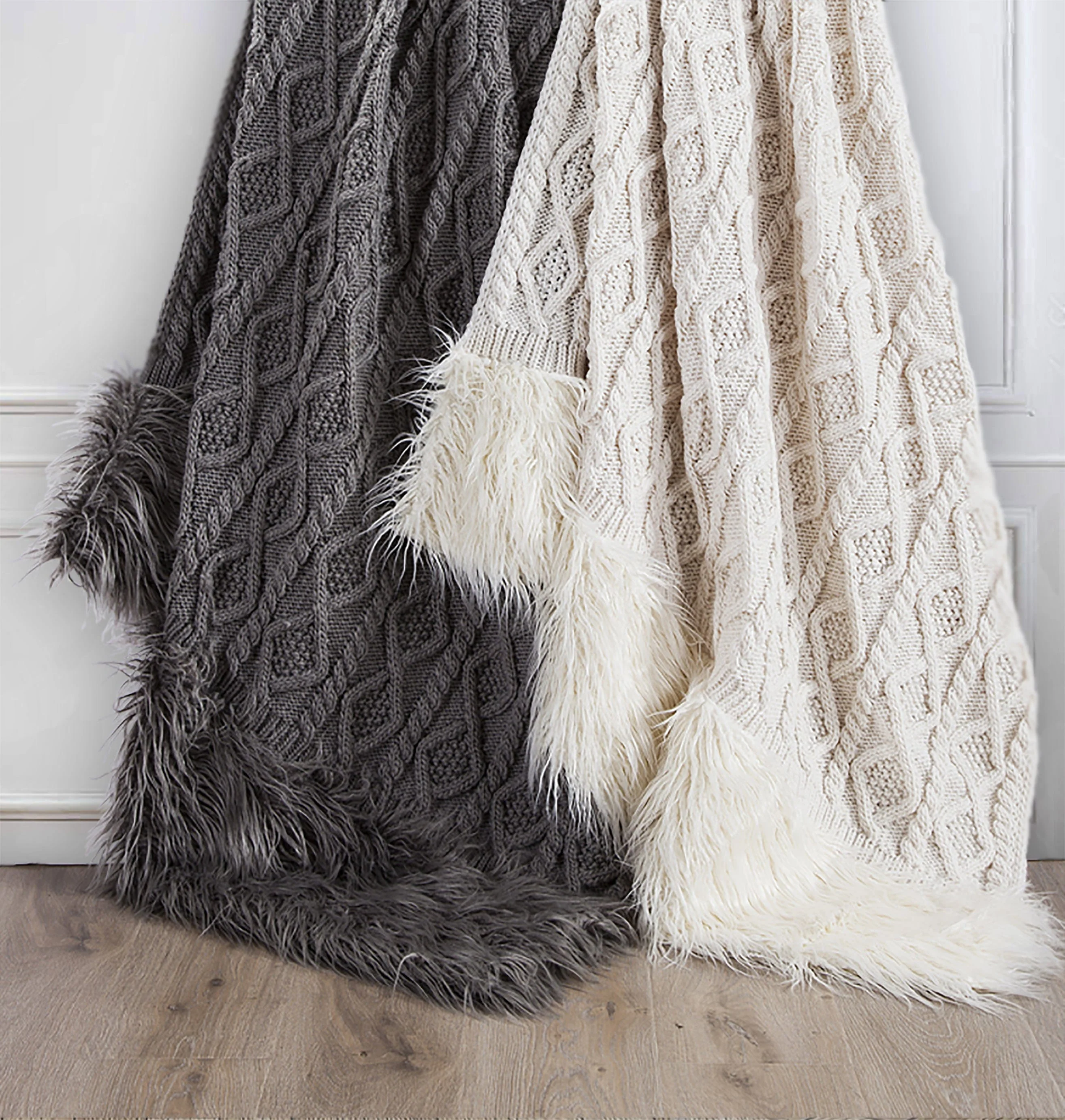 Effective Nordic Cable Knit amp Mongolian Fur Oversized Throw Blanket Optimized