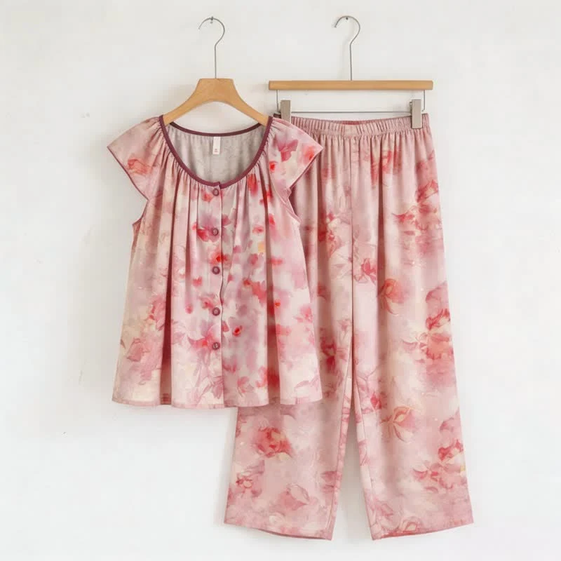 Casual Ownkoti Pink Floral Button Front Loungewear Set Modern