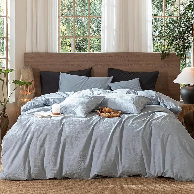 Reliable MooMee Wavy Striped Duvet Cover Set Washed Cotton Linen Like Textured Breathable Durable Soft Comfy Cornflower Blue Cal King 104 quot x98 quot Elegant