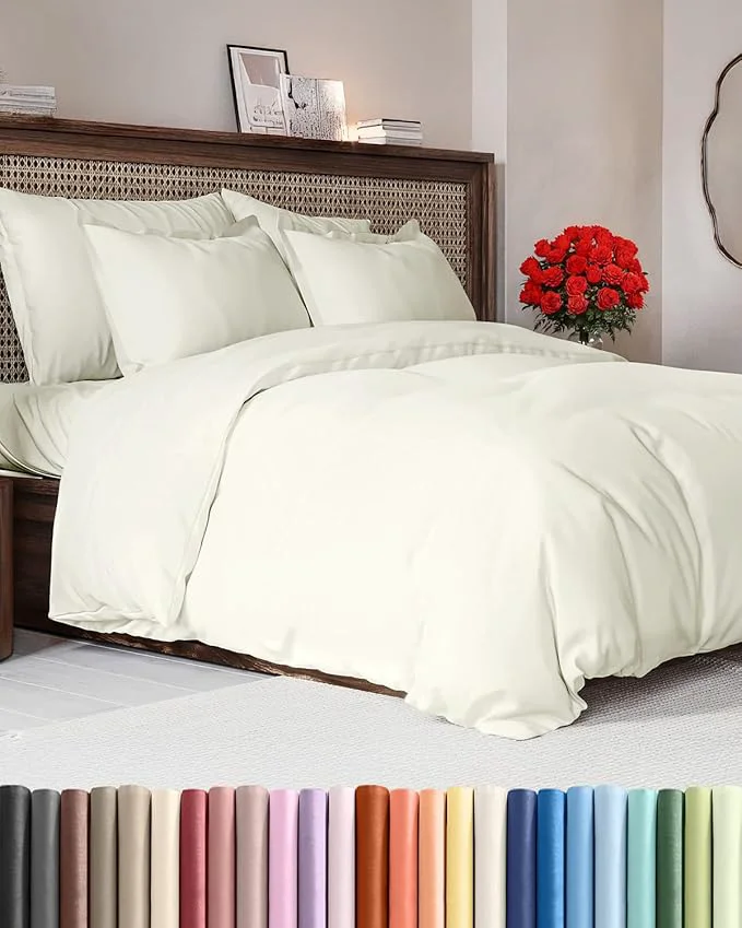 First-Class Duvet Cover Cal King Size Set – Extra Soft Cal King Duvet Cover 104 quot x 98 quot with 2 Pillow Shams – Hotel Luxury Easy Care amp Fade with Zipper Closures amp Ties – Comfy Cozy and Breathable Ivory Stylish