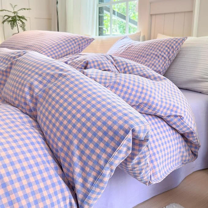Consistent LifeTB Purple Gingham Comforter Queen Comforter Set Fluffy Soft Plaid Checkered Pattern Comforter Purple Pink Gingham Bedding Set Farmhouse Grid Plaid Comforter Set for All Seasons Queen Size Original