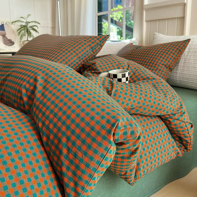 Superior LifeTB Gingham Comforter Set Full Modern Style Orange Green Plaid Grid Comforter Soft Fluffy 3 Pieces Checkered Pattern Comforter Set Farmhouse Gingham Bedding Comforter with 2 Pillowcases Efficient